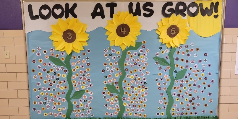 Photo of our bulletin board. We're blossoming as we grow our knowledge. Flower petals represent students who showed academic growth on STAAR Interim tests from November to March. Great Job! Keep Learning!