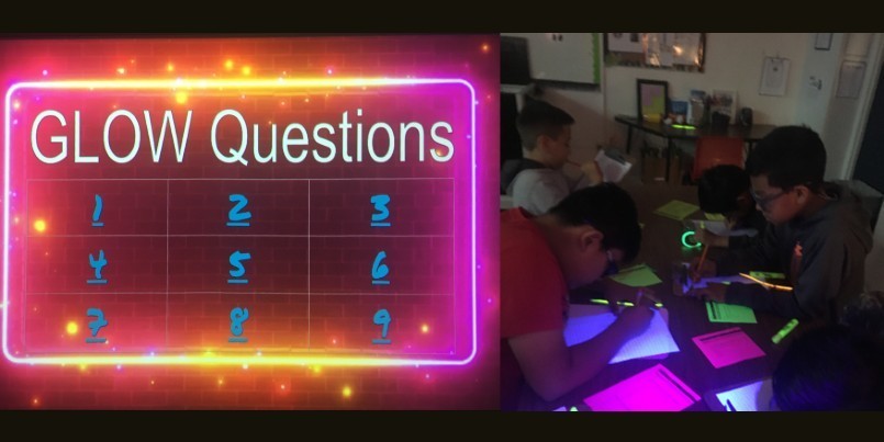 Images of 4th grade students reviewing for a test using GLOW in the dark strips and question board. Black lights made it 