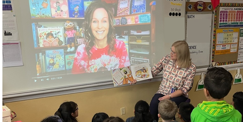 Photo of Mrs. Olson's class reading along with Shannon Anderson, the author of the 2023 American Farm Bureau Book of the Year.