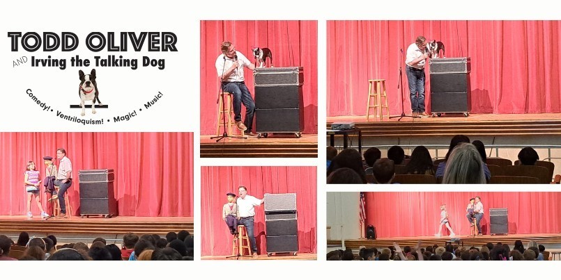 Photo collage of Todd Oliver and Irving the Talking Dog performance at DIS on Friday, April 14.