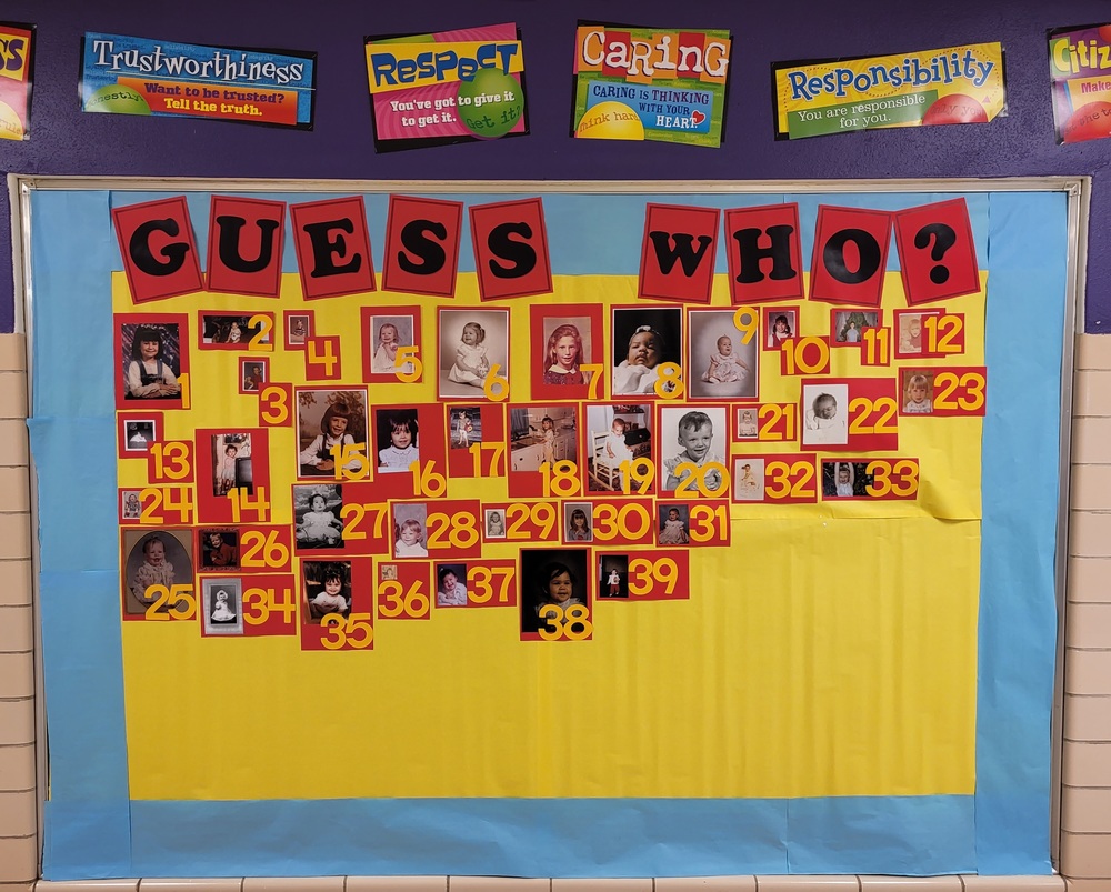 Photo of the display featuring teachers & staff as kids. Can you guess who they are?