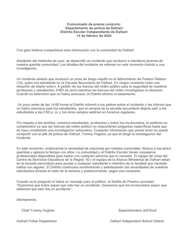 Comunicado de prensa conjunto: Departamento de policía de Dalhart Distrito Escolar Independiente de Dalhart 14 de febrero de 2023